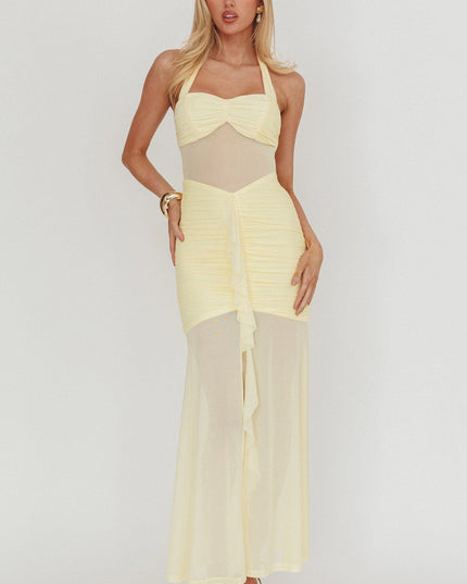 Yellow Sheer Insert Ruched Maxi Dress