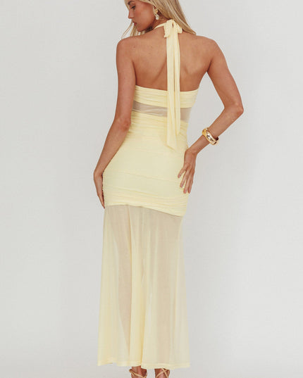 Yellow Sheer Insert Ruched Maxi Dress