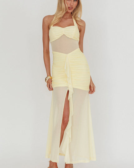 Yellow Sheer Insert Ruched Maxi Dress