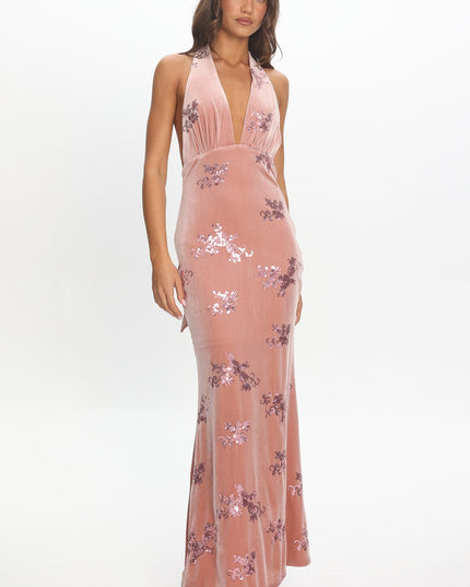 Blush Halterneck Velvet Maxi Dress Sequin