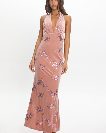 Blush Halterneck Velvet Maxi Dress Sequin