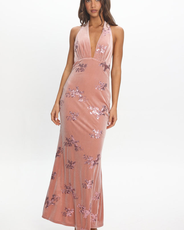 Blush Halterneck Velvet Maxi Dress Sequin