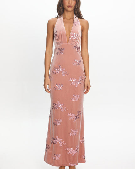 Blush Halterneck Velvet Maxi Dress Sequin