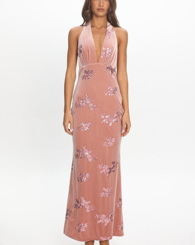 Blush Halterneck Velvet Maxi Dress Sequin