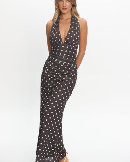 Chocolate Halterneck Maxi Dress Polka Dot