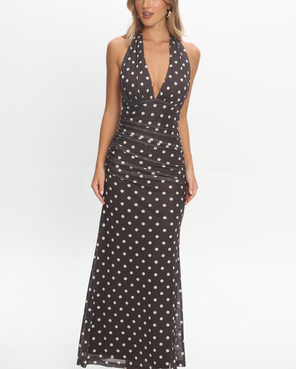 Chocolate Halterneck Maxi Dress Polka Dot