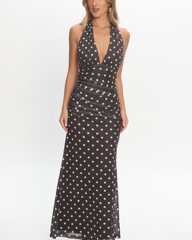 Chocolate Halterneck Maxi Dress Polka Dot