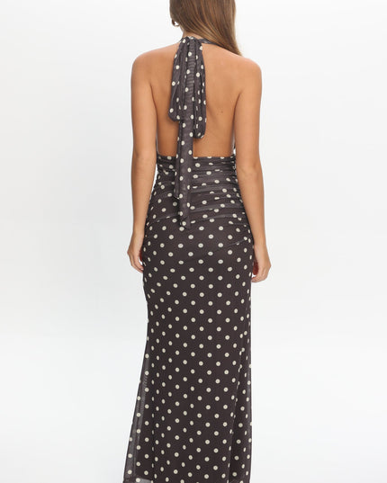 Chocolate Halterneck Maxi Dress Polka Dot