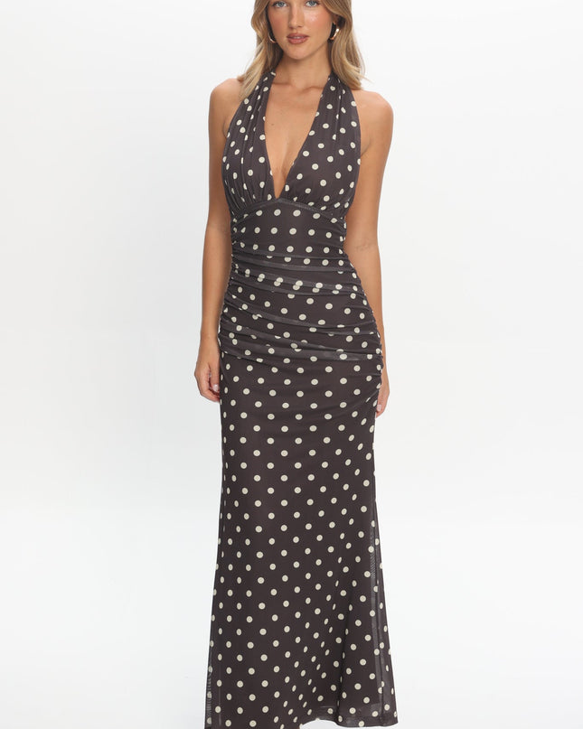 Chocolate Halterneck Maxi Dress Polka Dot