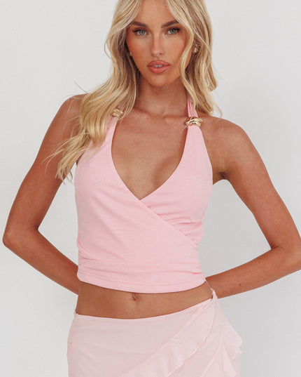Pink Gold Accent Surplice Neckline Halter Top