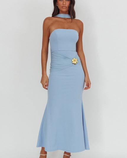 Blue Strapless Brooch Maxi Dress