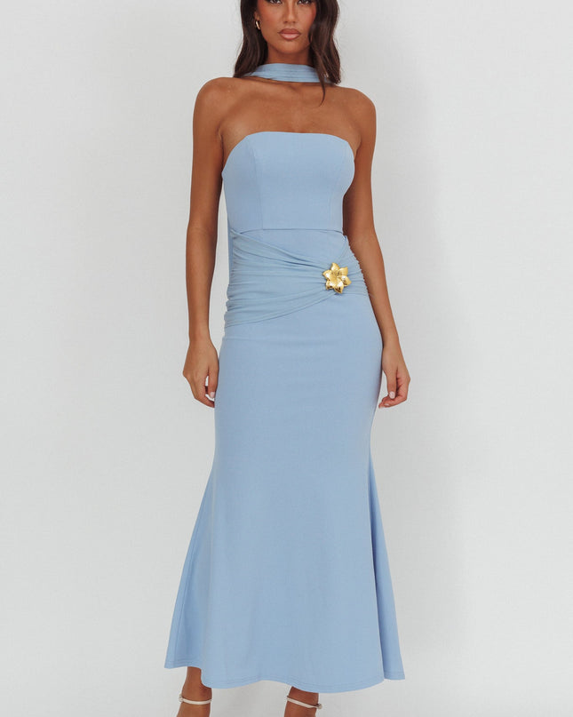 Blue Strapless Brooch Maxi Dress
