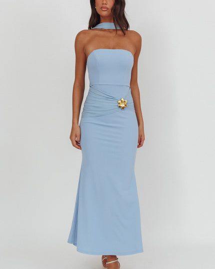 Blue Strapless Brooch Maxi Dress