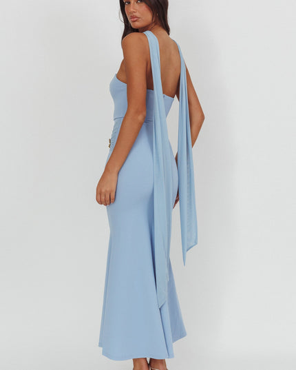 Blue Strapless Brooch Maxi Dress