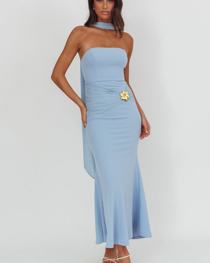 Blue Strapless Brooch Maxi Dress