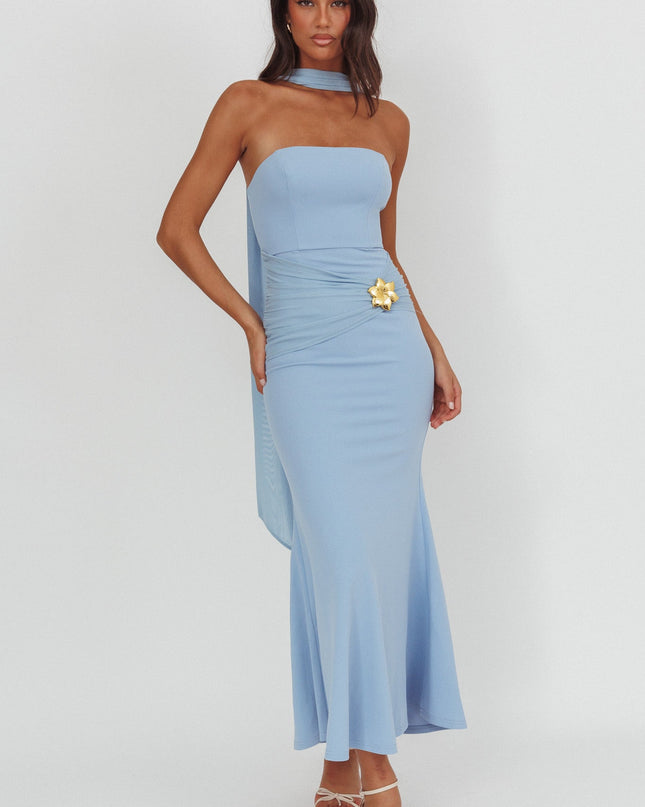 Blue Strapless Brooch Maxi Dress