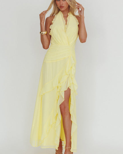 Yellow Halterneck Frill Maxi Dress