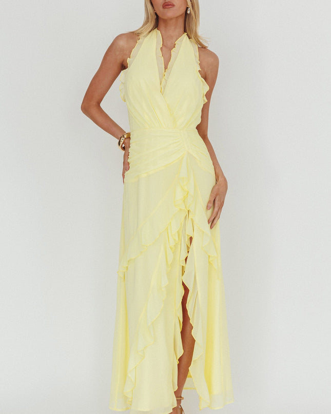 Yellow Halterneck Frill Maxi Dress