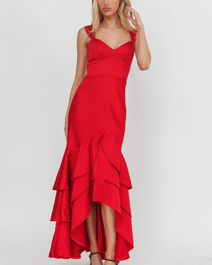 Red Layered Mermaid Hem Maxi Dress