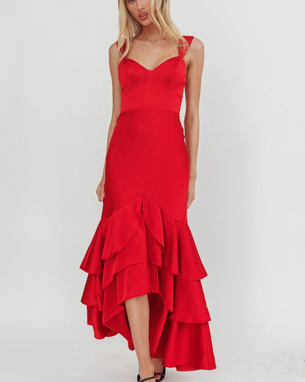 Red Layered Mermaid Hem Maxi Dress