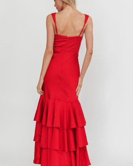 Red Layered Mermaid Hem Maxi Dress