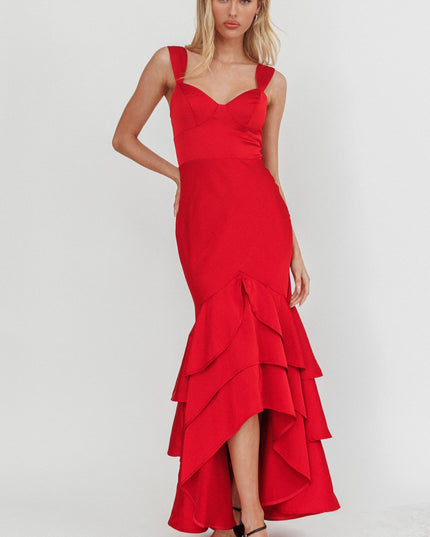Red Layered Mermaid Hem Maxi Dress