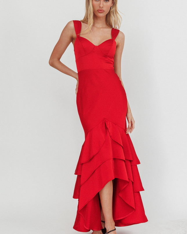 Red Layered Mermaid Hem Maxi Dress
