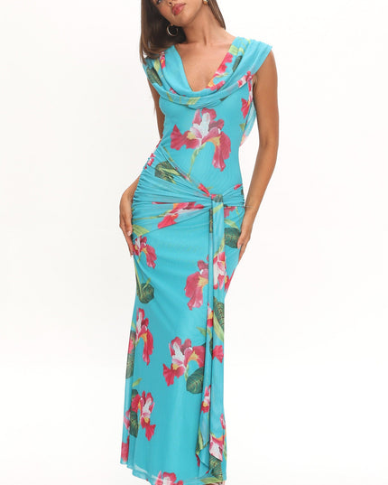 Floral Draped Shoulder Maxi Dress