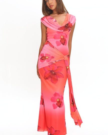 Pink Draped Shoulder Maxi Dress Orchid