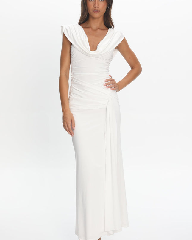 Off White Draped Shoulder Maxi Dress