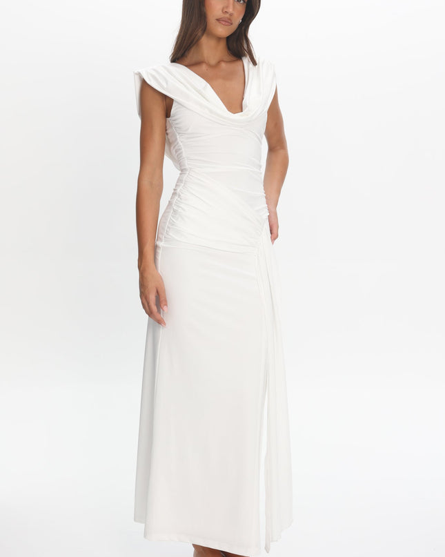 Off White Draped Shoulder Maxi Dress