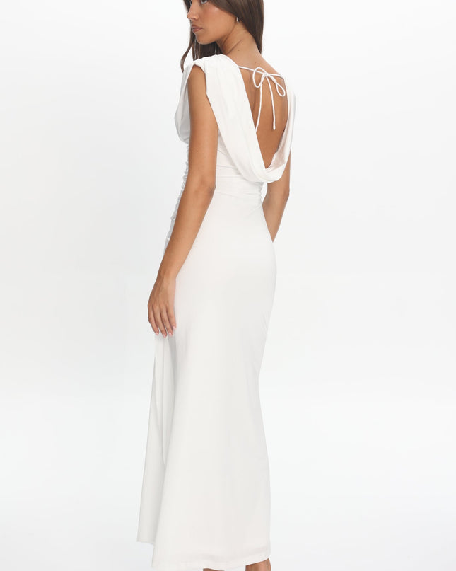 Off White Draped Shoulder Maxi Dress