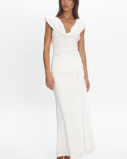 Off White Draped Shoulder Maxi Dress