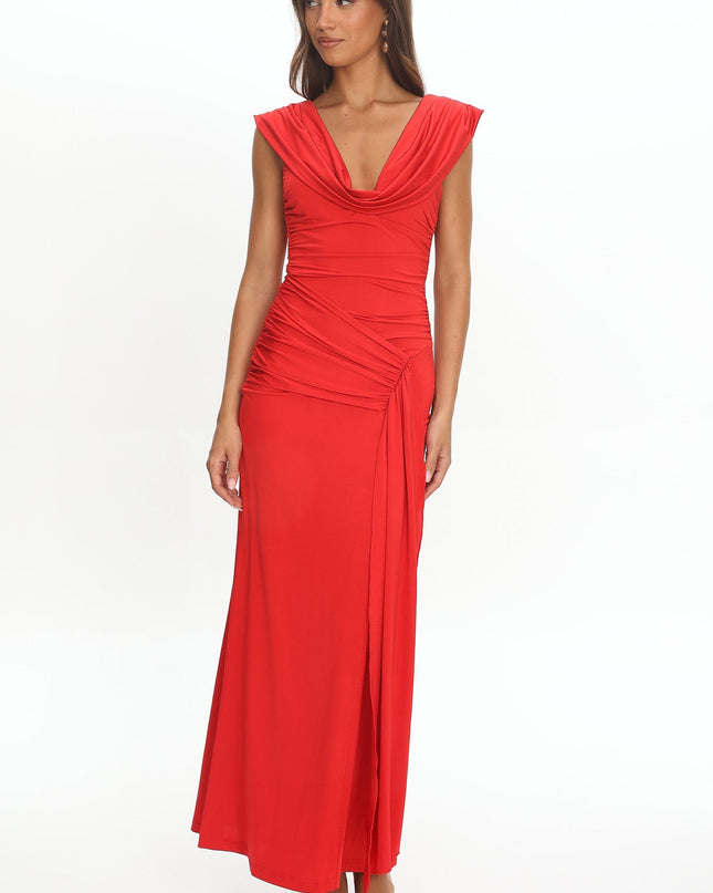 Red Draped Shoulder Maxi Dress