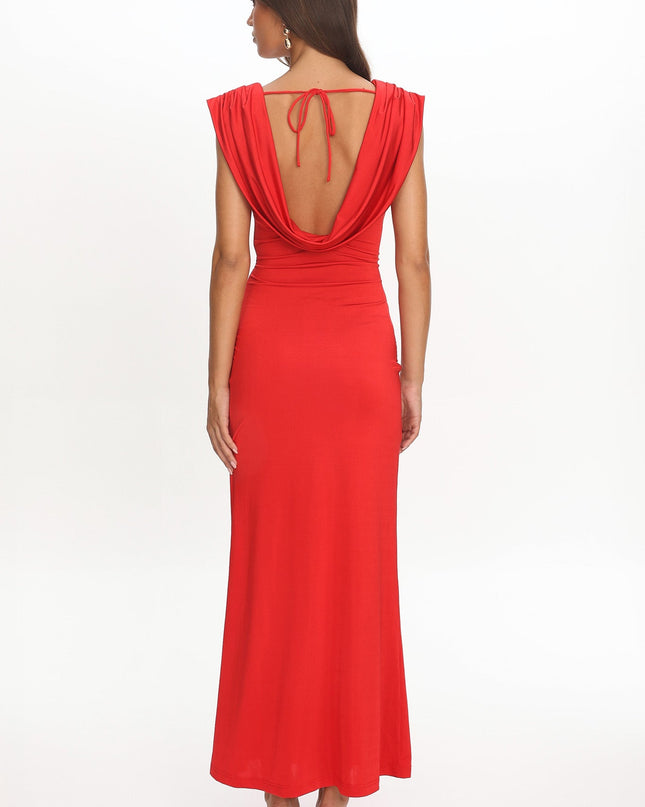 Red Draped Shoulder Maxi Dress