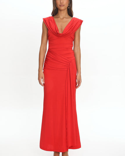 Red Draped Shoulder Maxi Dress