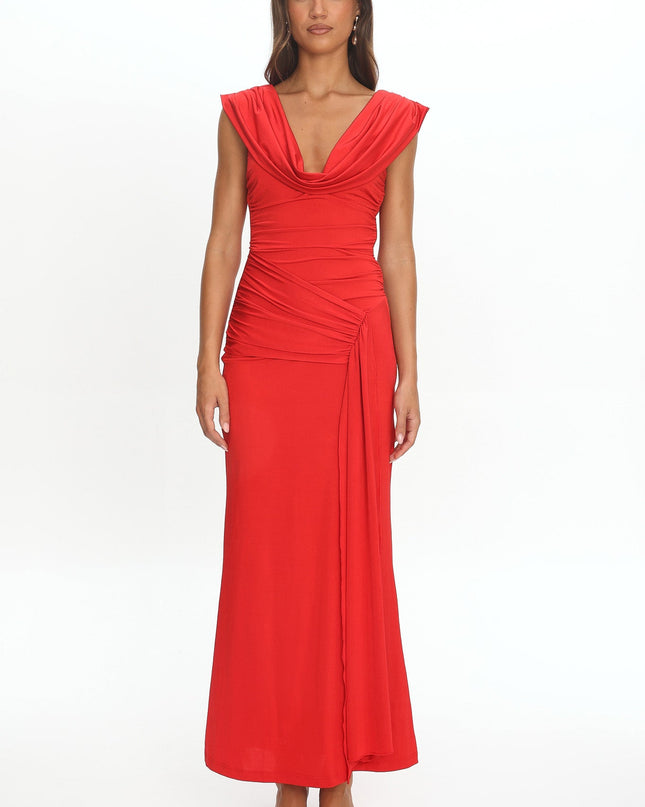 Red Draped Shoulder Maxi Dress