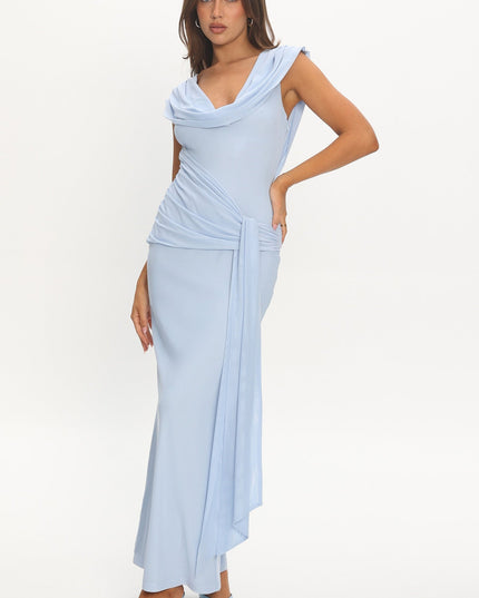 Baby Blue Draped Shoulder Maxi Dress