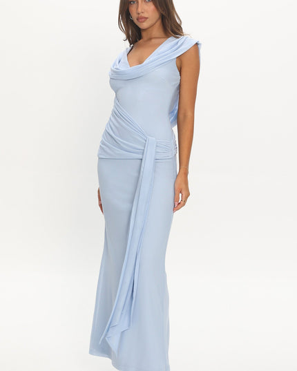 Baby Blue Draped Shoulder Maxi Dress