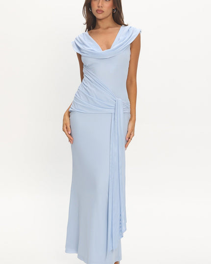 Baby Blue Draped Shoulder Maxi Dress