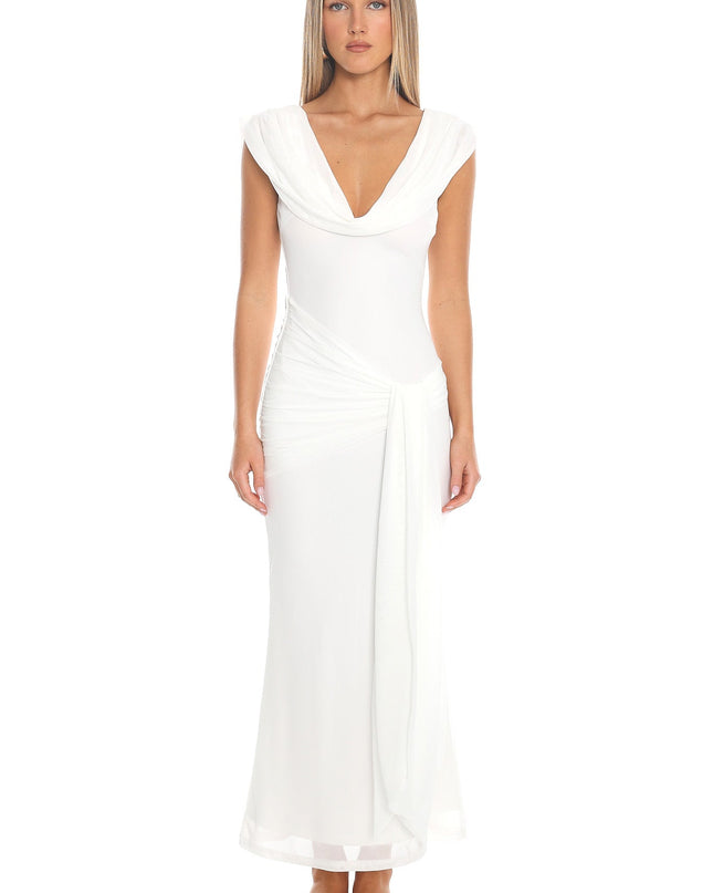 White Draped Shoulder Maxi Dress