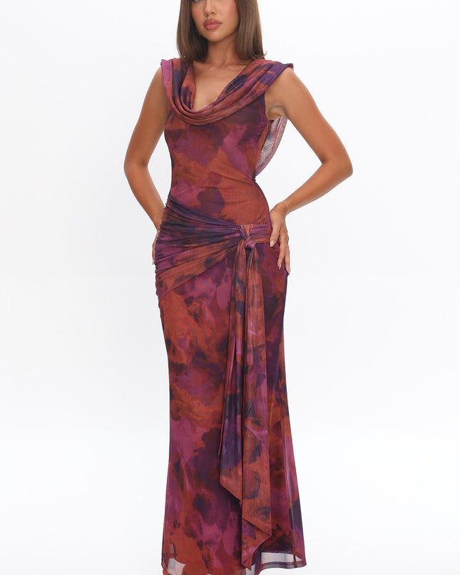 Rose Draped Shoulder Maxi Dress Dark