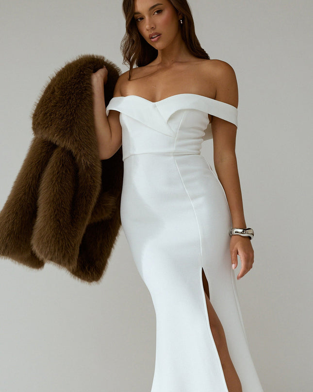 White Off-Shoulder Front Split Maxi Dress