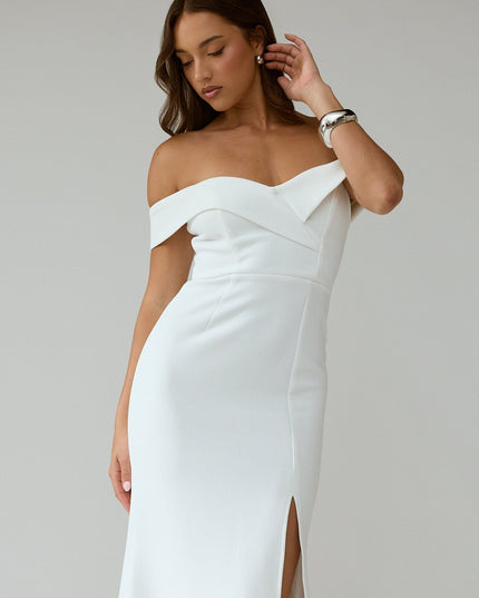 White Off-Shoulder Front Split Maxi Dress