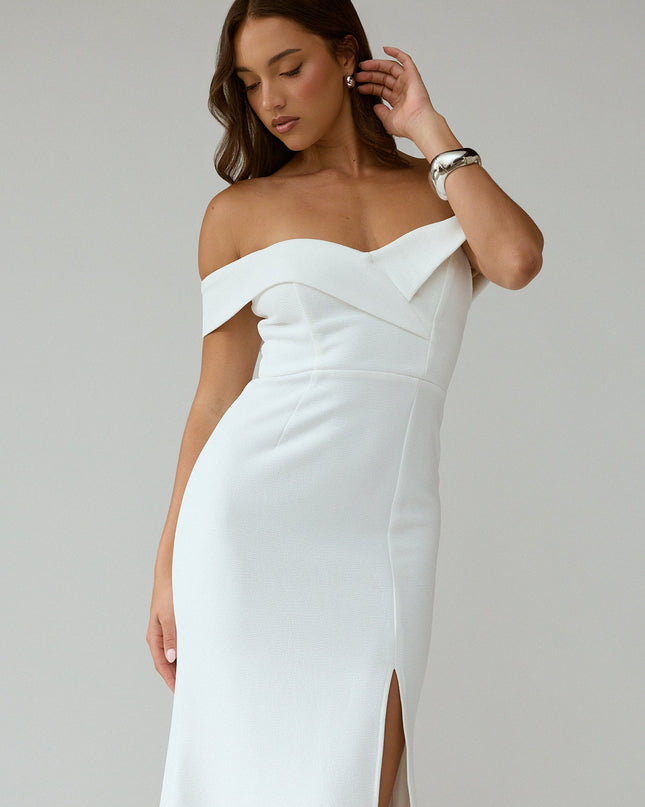 White Off-Shoulder Front Split Maxi Dress