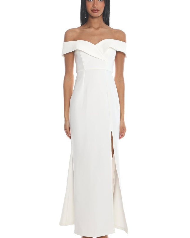 White Off-Shoulder Front Split Maxi Dress