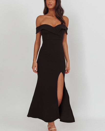 Black Off-Shoulder Front Split Maxi Dress