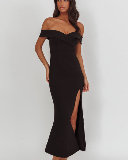 Black Off-Shoulder Front Split Maxi Dress