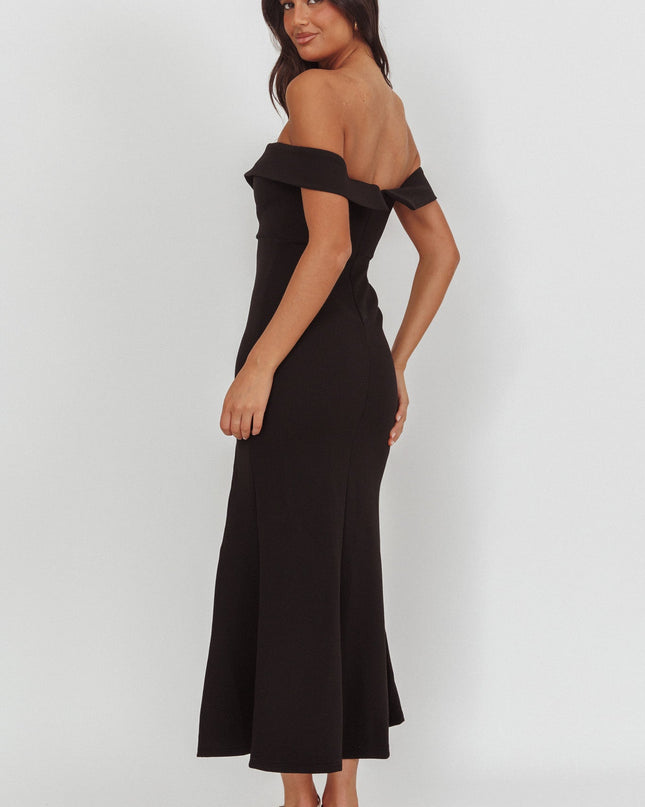 Black Off-Shoulder Front Split Maxi Dress