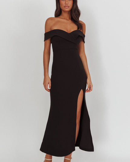 Black Off-Shoulder Front Split Maxi Dress